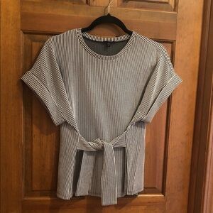 Express Black and White Striped Tie-Waist Blouse